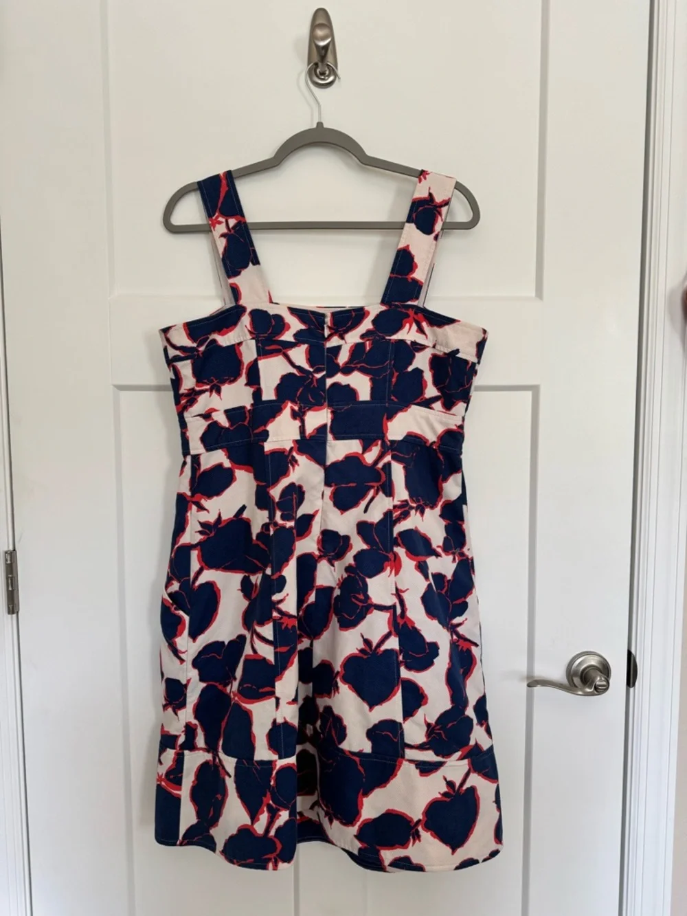 Lands' End Cream Blue Red Floral Midi Dress Cotton Canvas Wide Straps Size 12